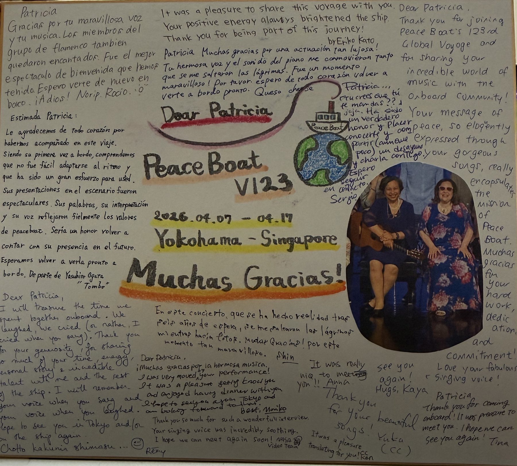 Message board filled by Peace Boat passengers and staff